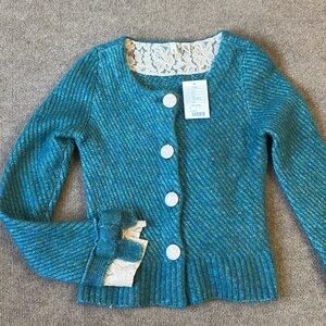 Anthropologie Cardigan Women’s  Sz M Wool Teal Gold Lace NWT